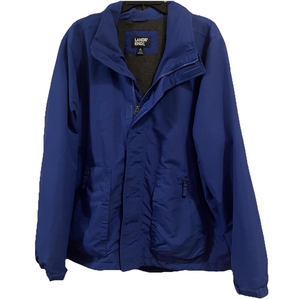 Lands End Men’s XL Outrigger Fleece Lined Jacket Blue Hooded Windbreaker Oekotex